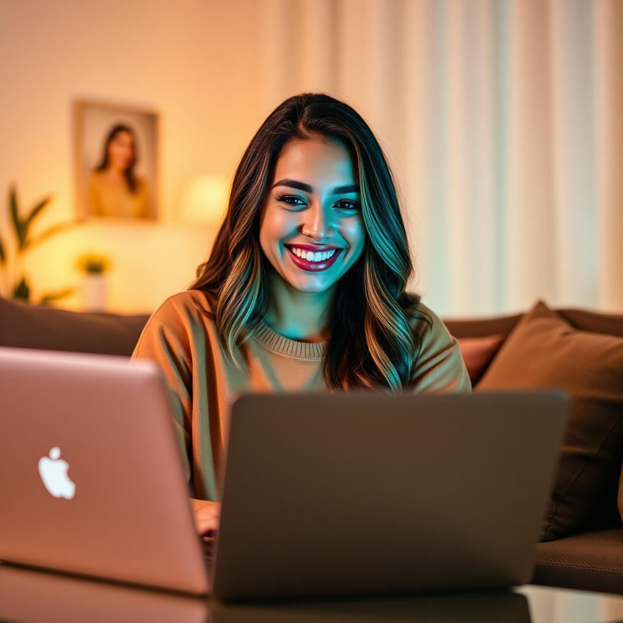 Mulher sorrindo usando notebook com internet fibra Connect Minas